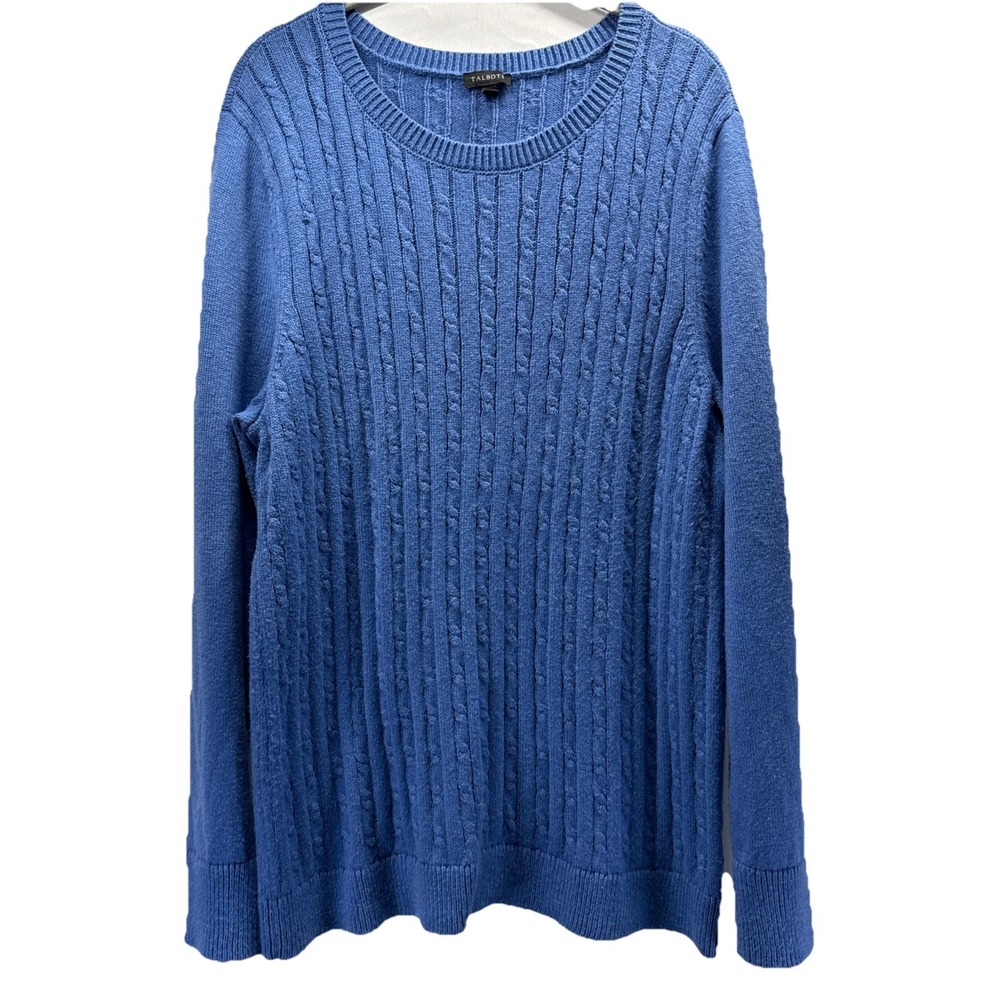 Talbots Womens Sweater Sz XL Blue Cable Stitch Long Sleeve Crew Neck Long Sleeve